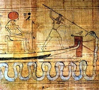 Apep serpent snake speared by Set fm Ra sun boat (Cairo Museum)